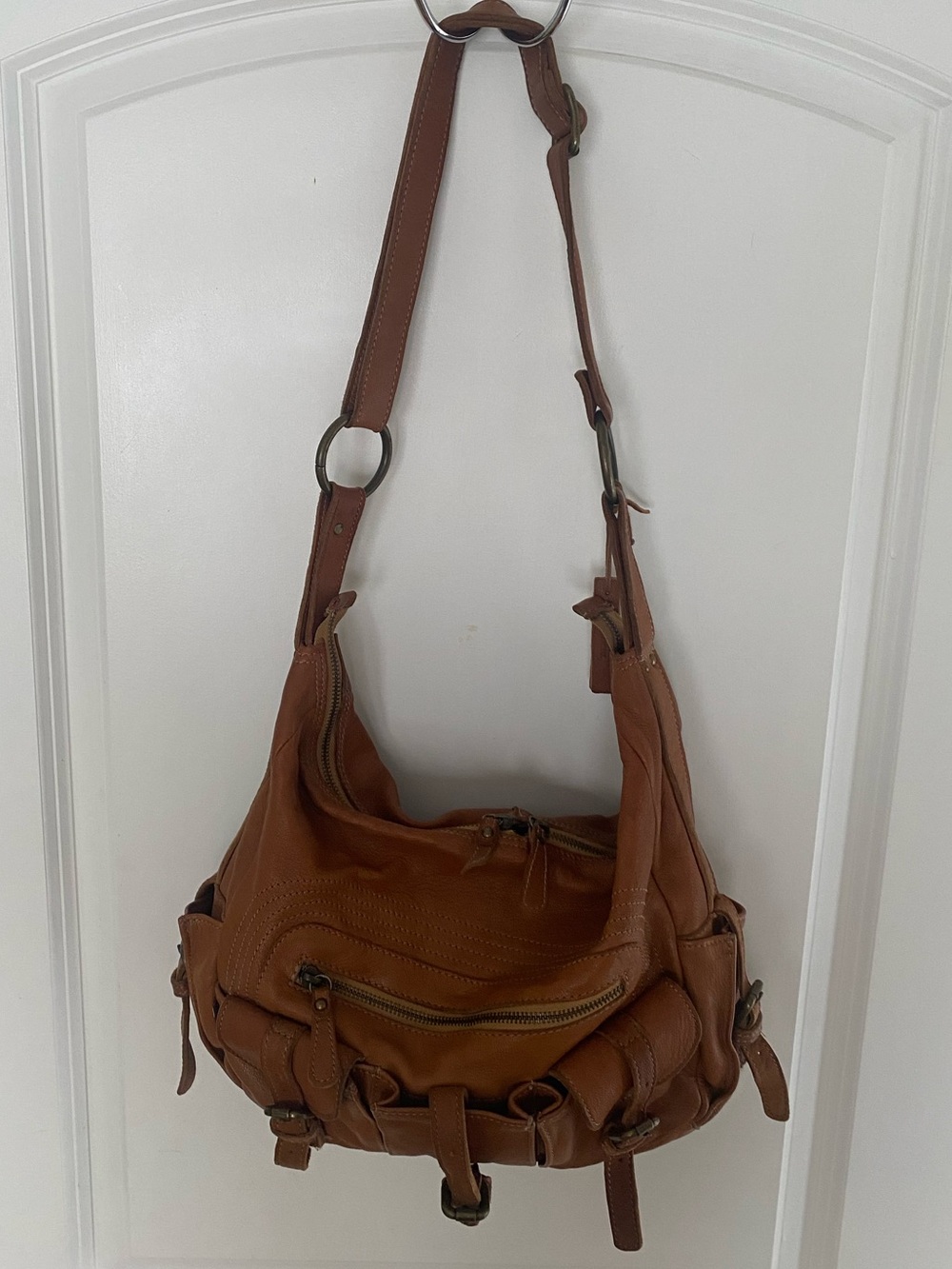 Tano Hobo Slouch Shoulder Bag Pebbled Leather In Cognac Hippie 70s Vintage Style - Picture 3 of 13